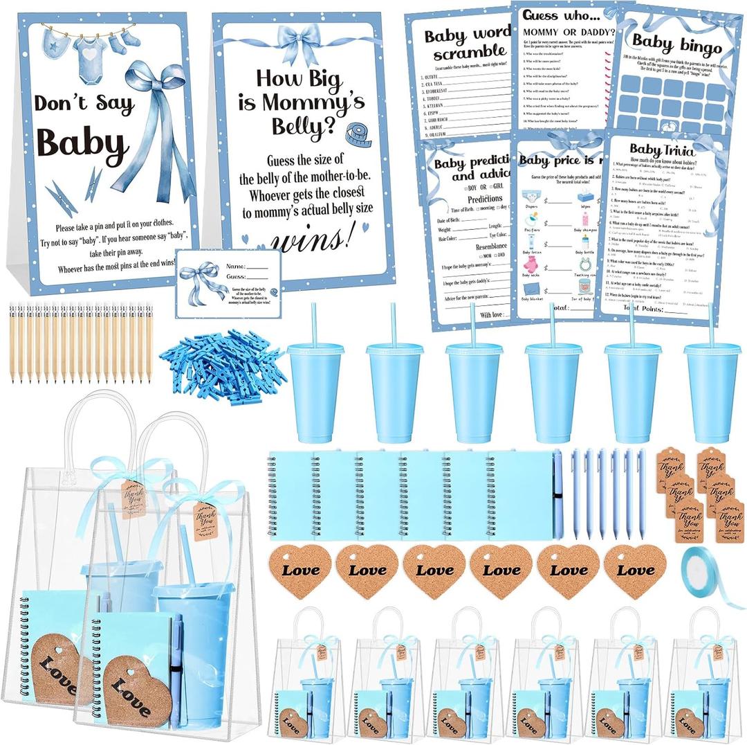Dunzoom 461 Pcs Funny Baby Shower Games with Prizes for Guests Game Player Winners Gifts Include Plastic Tumbler Notebook Ballpoint Pen Gift Bag, All in One Set(Blue)