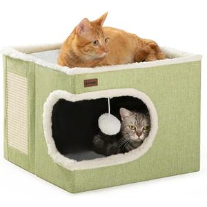 Garnpet Cat Bed for Indoor Cats Cube House, Covered Cat Cave Beds & Furniture with Scratch Pad and Hideaway Tent, Cute Modern Cat Condo for Multi Small Pet Large Kitten Kitty, Green (16.5"D x 16.5"W x 13"H)