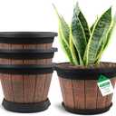 Quarut Large 4 Pack 14 inch Plant Pots,Whiskey Barrel Planters with Drainage Holes & Saucer,Plastic Decoration Flower Pots Retro Design,Planters for Outdoor Indoor Garden Balcony Plants (Brown)