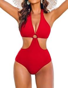 AI'MAGE Women Bathing Suits Tummy Control One Piece Cutout Swimsuits High Waisted Swimwear Cheeky Slimming Monokini, Large Red