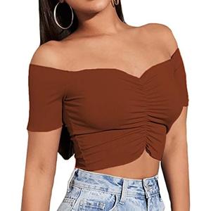 LYANER Women's Off Shoulder Ruched Short Sleeve Rib Knit Sexy Crop Top Blouse, Solid Black, Large