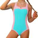 Kids4ever Girls One Piece Swimsuits Color Block Bathing Suit Kids Swimwear for Teens Beach 9-16Y (13-14 Years, Green)