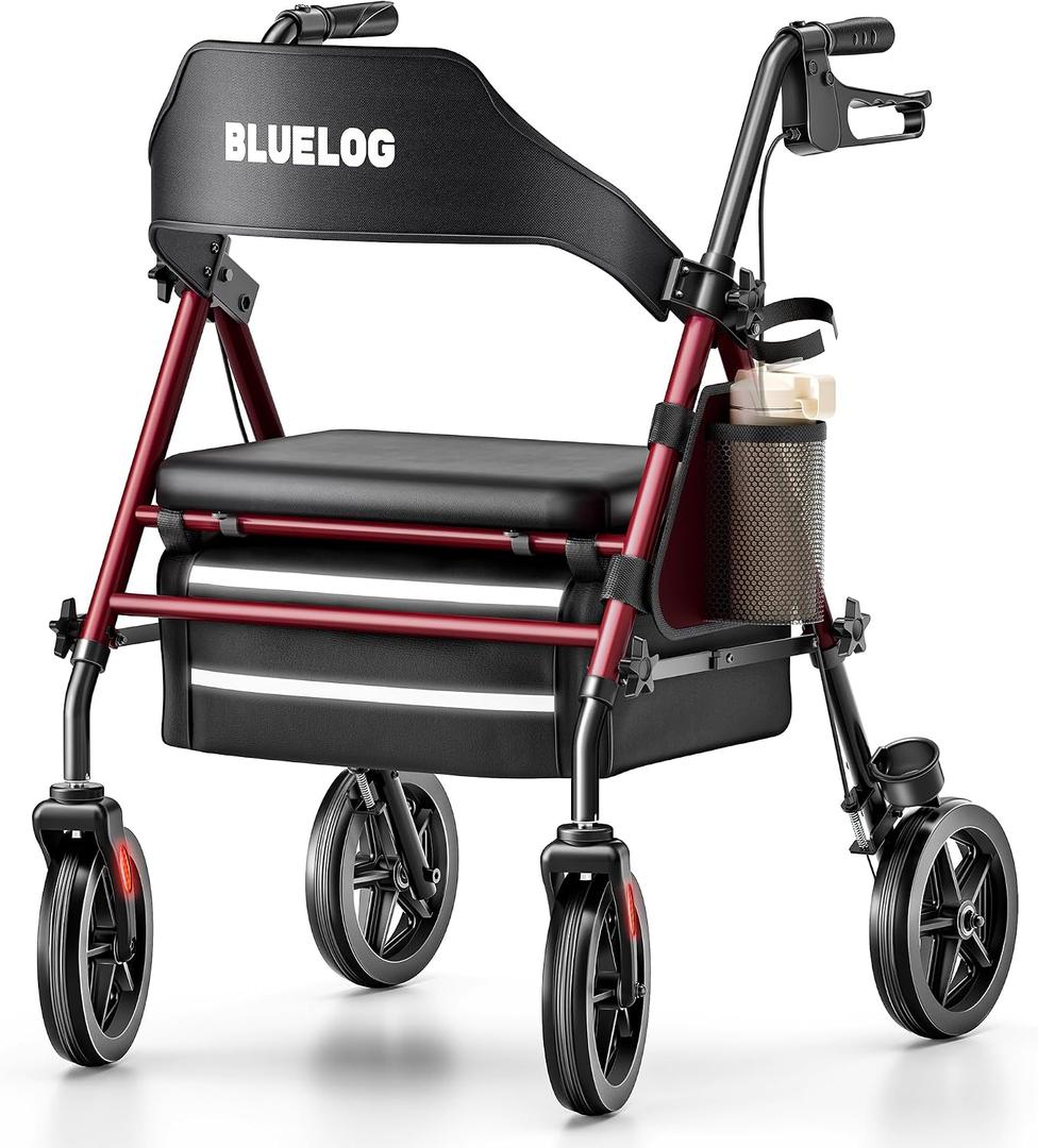 Bluelog Walkers for Seniors Rollator Walkers with Seat, 350lb Capacity with Cup Holder & Cane Holder, 8'' All Terrain Wheels, Adjustable Handles and Seat Height, Foldable Design, Burgundy