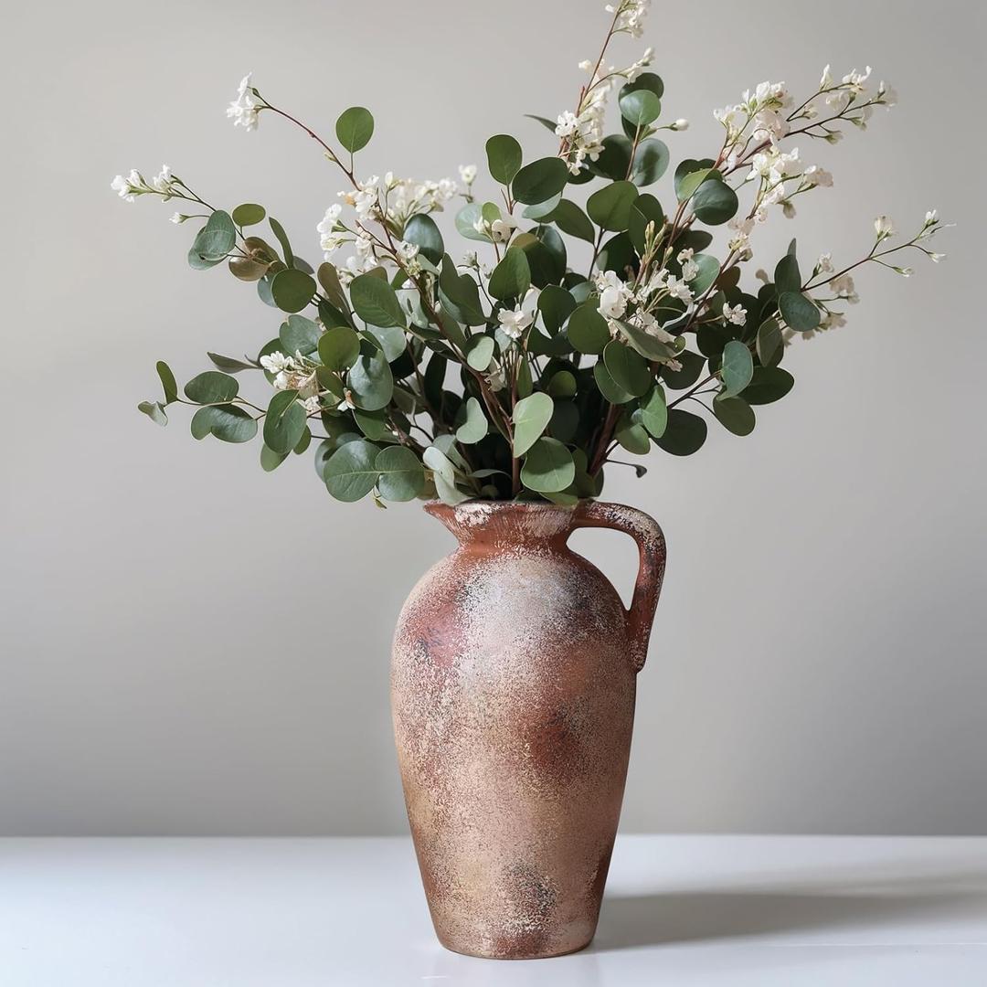 9.3in Rustic Ceramic Vase, Farmhouse Vase with Handle,Vintage Vase for Centerpieces, Boho Vase, Terracotta Flower Vase for Home Decor, Living Room, Shelf Decor, Entryway, Table Decor, Dining Decor