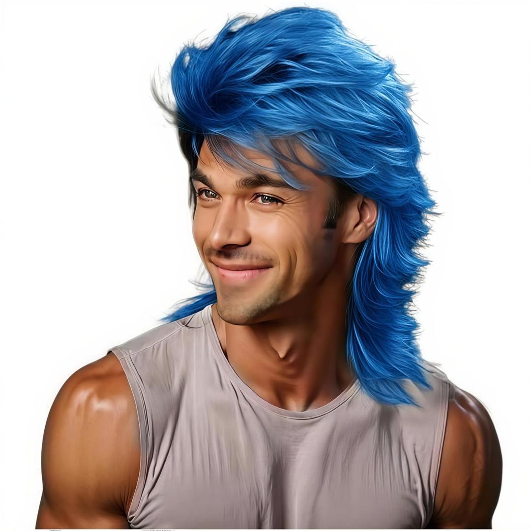 Mullet Wig Blue 80s Men Wig,Punk Rocker Hair Party Daily Halloween Costumes Long Wigs