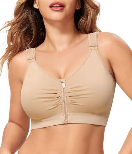 CYDREAM Zip Front Bra for Women Wireless Full Coverage Comfort Everyday Post Surgery Compression Bras Adjustable Straps (US, Alpha, Large, Beige)