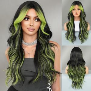 Black Wig Green Highlight Long Wavy Wig with Curtain Bang 26 Inch Ombre Black Green Wig Synthetic Heat Resistant for Women Daily Party