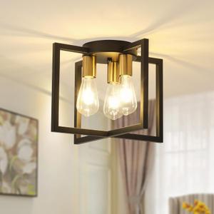 3-Light Ceiling Light Fixture, Black and Gold Semi-Flush Mount Chandelier with Geometric Metal Shade, Farmhouse Industrial Lighting for Kitchen Living Room Bedroom Hallway Foyer, E26 Base