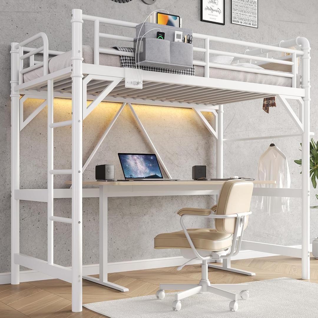 Twin Size Loft Bed with LED Lights and Charging Station, Industrial Heavy Duty Metal Loft Bed Frame with Ladder and Guardrail for Kids Adults, Small Space Saving Design for Bedroom Dorm, White