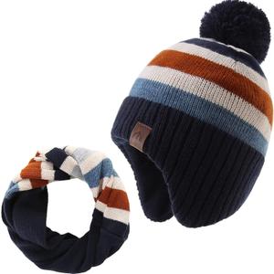 LMLALML Boys Winter Hat Earflap Knitted Beanie for Kids Warm Fleece Lined Thicken Hat for Baby (3-5T, Colorstripe-set)