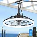 VOLISUN Outdoor Ceiling Fans with Light for Patios, 19.7in Weatherproof Plug in Ceiling Fan, 3000K-6500K Dimmable Gazebo Fan Remote&APP Control, Black Caged Ceiling Fan for Porch, Pergola,Canopy