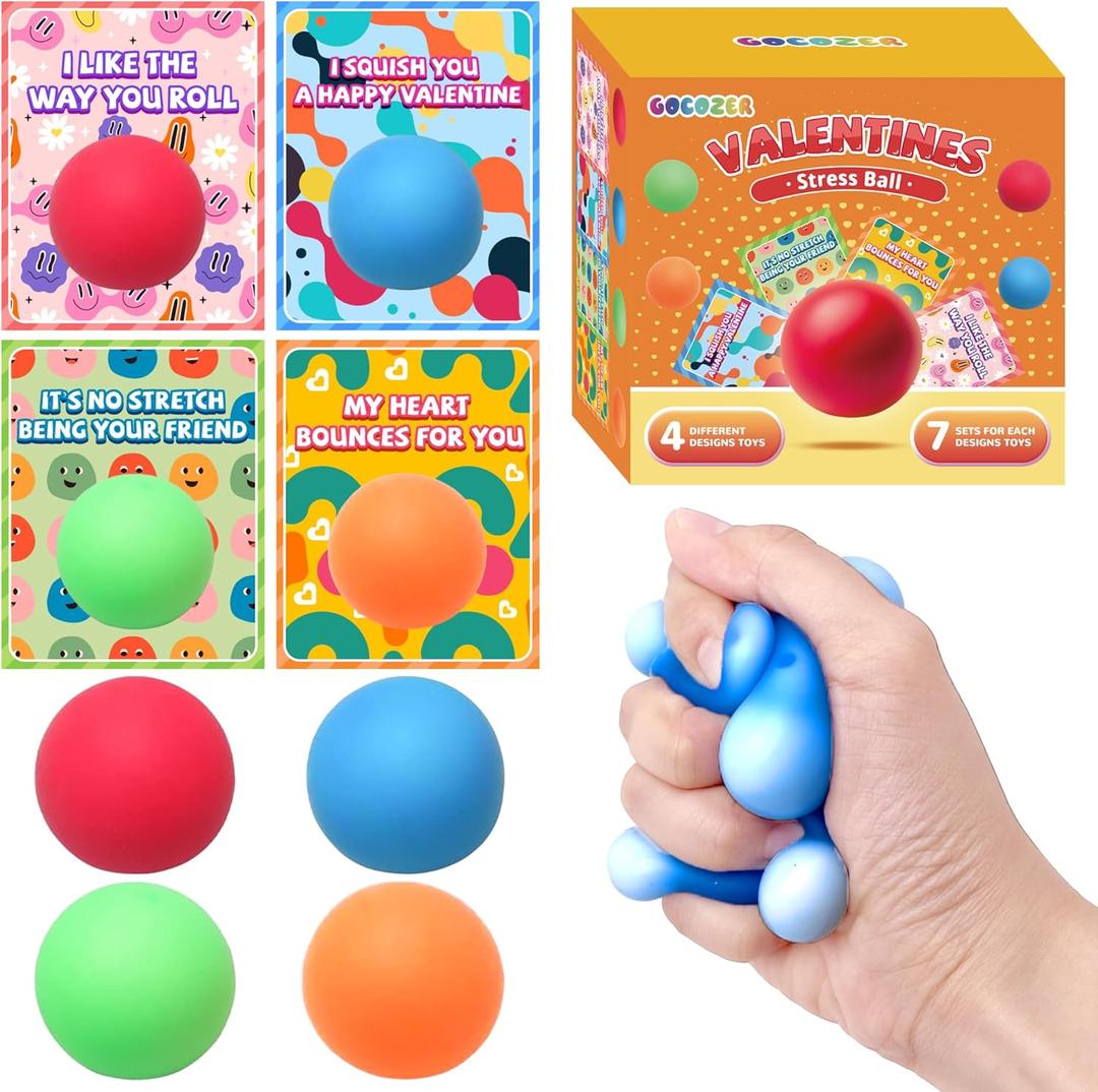 28-Pack Valentine's Day Gifts for Kids  Stress Ball Set with Stretchy Squishy Sensory Toys & Greeting Cards, Perfect for Classroom Exchange & Party Favors