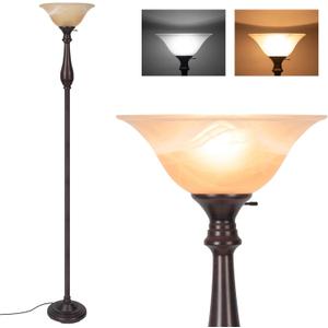 Torchiere Floor Lamp for Living Room, Standing Lamp with Glass Shade, Iron Brushed Nickel Floor Lamps, Corner Lamps for Bedroom, Office, Reading (Dark Brown)