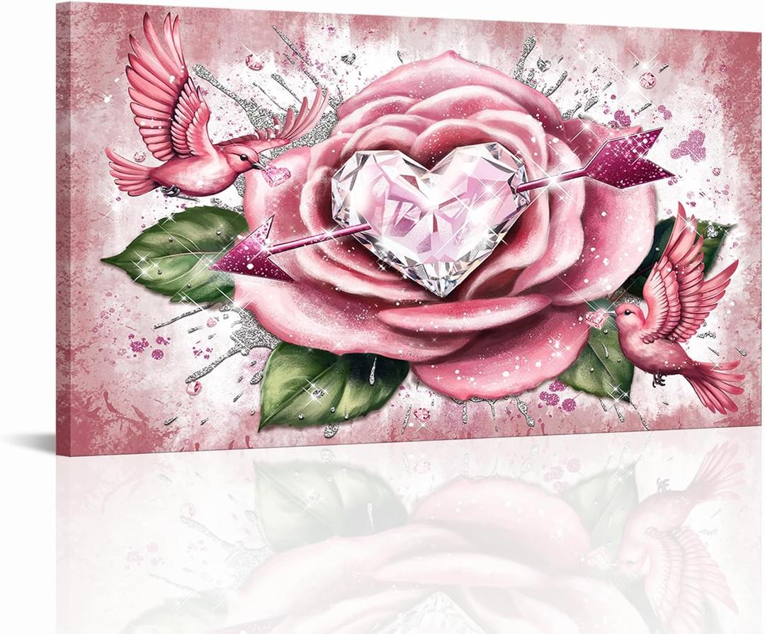 Vefacaiyo Pink Wall Art Abstract Flower Diamond Heart Picture Canvas Wall Decor Romantic Artwork for Home Bedroom Living Room Ready to Hang 20''x36''x1PCS