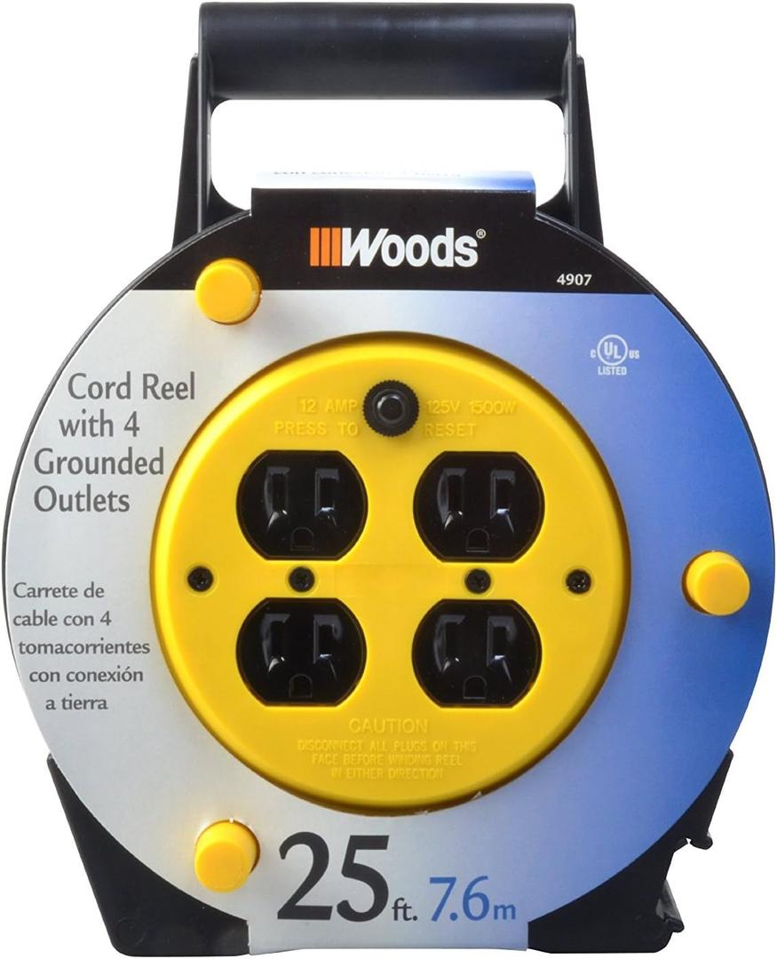 Woods Light Duty Extension Cord Reel, 25Ft, 16 Gauge, 3 Conductor, 4-Outlets, 12A Circuit Breaker, Yellow/Black, 4907