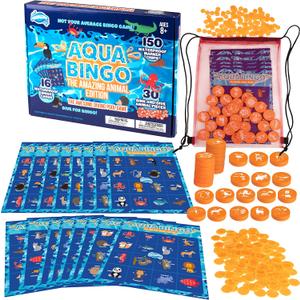 Pool Bingo Diving Game for Kids- Summer Party Fun Edition - Dive & Call 30 Sinking Animal Themed "Numbers", Fill Your Card- 150 Marker Chips &16 Double Sided Waterproof Play Cards & Bag, Xmas Gift