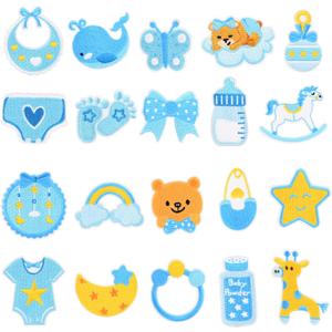 Baby Iron on Patches for Boys Bibs 20pcs Blue Cartoon Bottle Infant Sew on Embroidered Patch for Diaper Bags Clothes Hats, Blankets,Backpacks