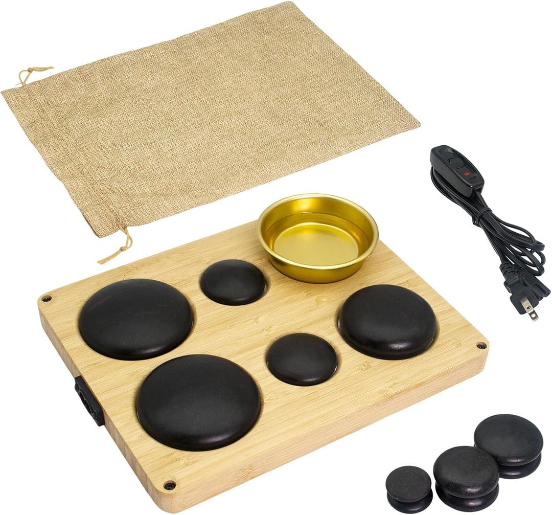 Hot Stones Massage Set with Warmer Kit, 6PCS Electric Hot Rocks Basalt Stones Massager for for Home Spa Warming Therapy Muscle Relaxing