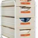 DIMJ Closet Organizers and Storage 4 Tier - Fabric Clothes Drawer Storage Bins, Stackable Rolling Storage Cart with Wheel, Small Dresser for Closet Bedroom Nursery Office (Beige)