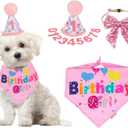 ADOGGYGO Dog Birthday Party Supplies, Pink Girl Puppy Birthday Bandana Hat Numbers Bow Set for Small Dogs Pets (Small)