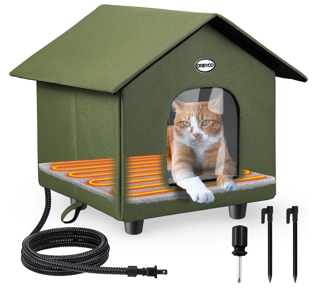 Dreyoo 1 Pack Heated Cat House Weatherproof, Winter Outdoor Tent with Heated Bed, Foldable Warm Shelter with 2 Doors for Feral Cats and Small Animals (Green)