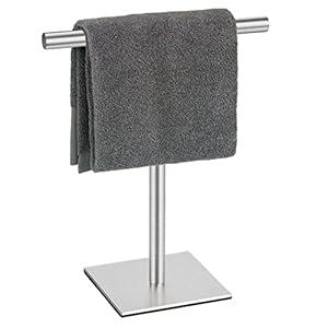 DUKWIN Hand Towel Holder, SUS304 Stainless Steel Hand Towel Stand T-Shaped Silver Brushed Finish Freestanding Rack for Bathroom Kitchen Countertop with Square Base