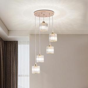 Crystal Pendant Lights Chandeliers for High Ceilings Modern Crystal Chandeliers Hanging Light Fixture Raindrop Drop Lamp for Dining Room Foyer Living Room Entryway Gold 5 Lights, Medium