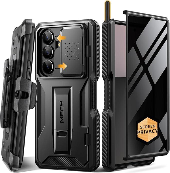 TONGATE for Z Fold 7 Case with Stylus & Pen Holder, [Builtin Privacy Screen Protector & Slide Camera Cover][Anti Spy] Military Grade Drop Stand Case for Samsung Galaxy Z Fold 7 with Belt Clip, Black