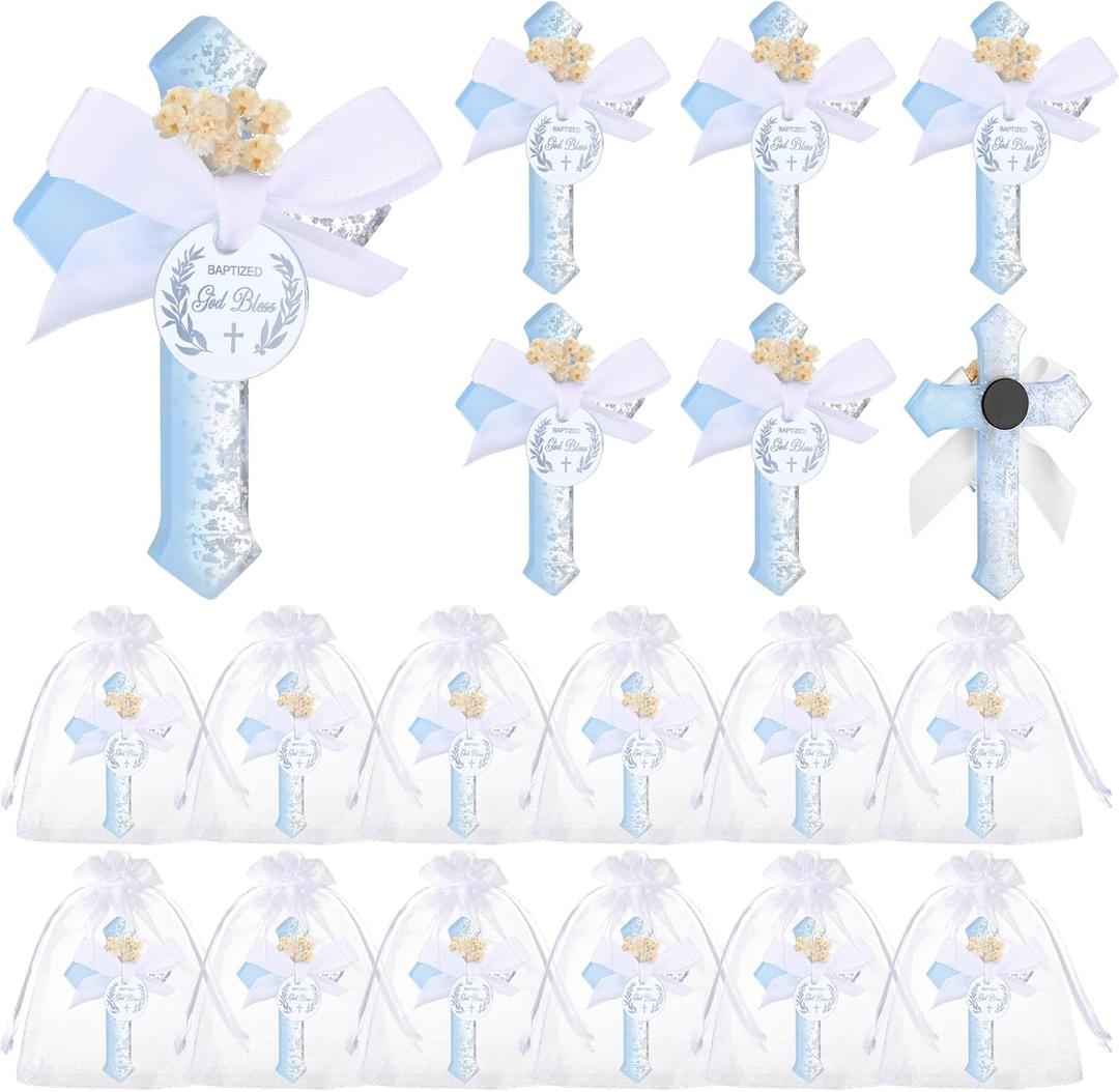12 Pcs Baptism Favors for Guests Epoxy Cross Fridge Magnets First Communion Cross with Flower Christian Souvenirs Gift for Baptism Christening Baby Shower Party Family Gathering (Blue)