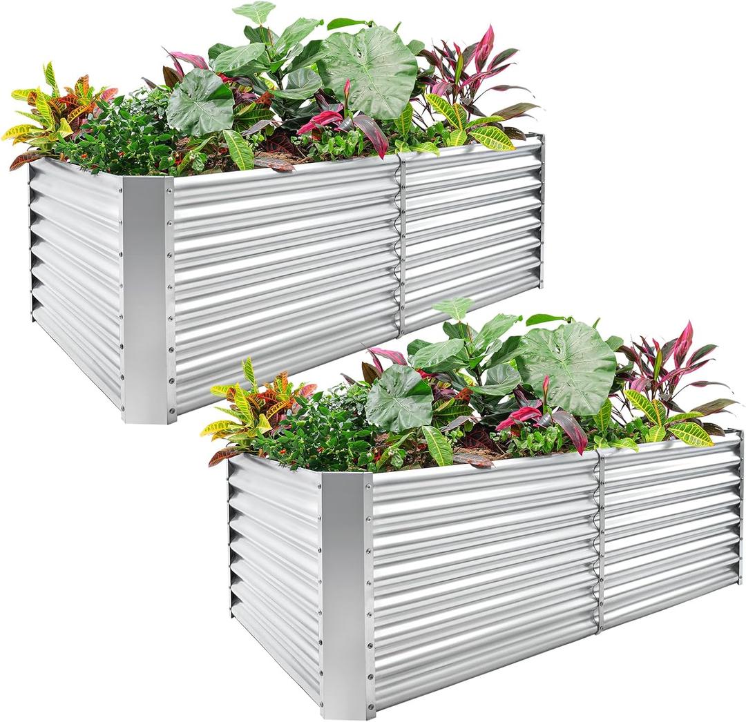 Land Guard 2 Pack 6×3×2 ft Galvanized Metal Raised Garden Bed, 2FT Deep Root Elevated Planter Box Steel Large Vegetable Flower Bed Kit, Silver (Pack of 7)
