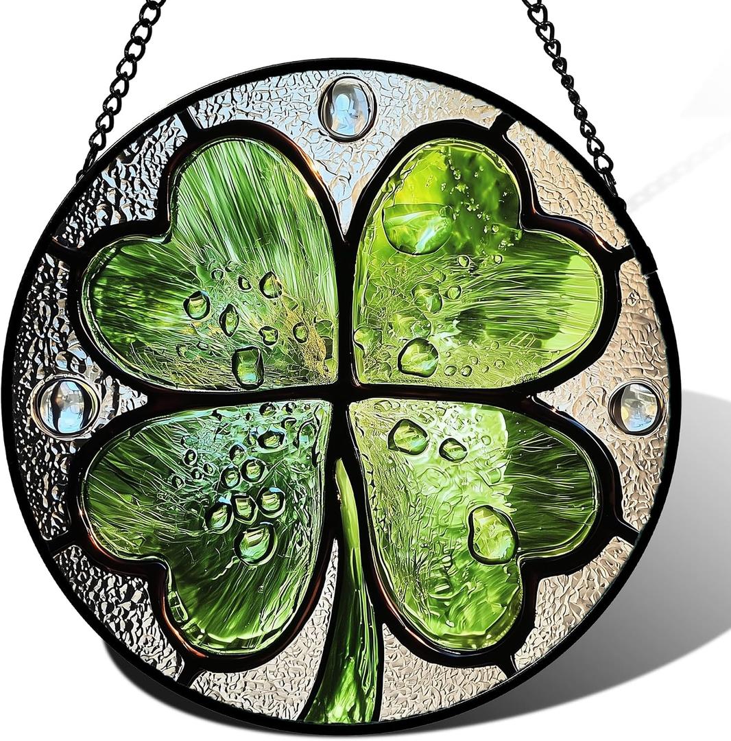 Stained Glass Window Hanging - St. Patrick's Day Green Irish Themed Gifts Sun Catcher Door Home Clover Decor Suncatcher Christmas Mother's Day Birthday Gifts for Women Men Mom Nana 15 in