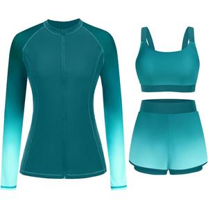 3 Piece Rash Guard for Women - Long Sleeve Swimsuits with Shorts SPF Zip up Swim Shirt with Built in Bra, Large