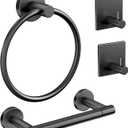 Pokim Bathroom Hardware Set - SUS304 Stainless Steel Wall Mount Toilet Paper Holder,Hand Towel Ring,Robe Hooks,Rustproof,Matte Black,Easy Installation for Bathroom