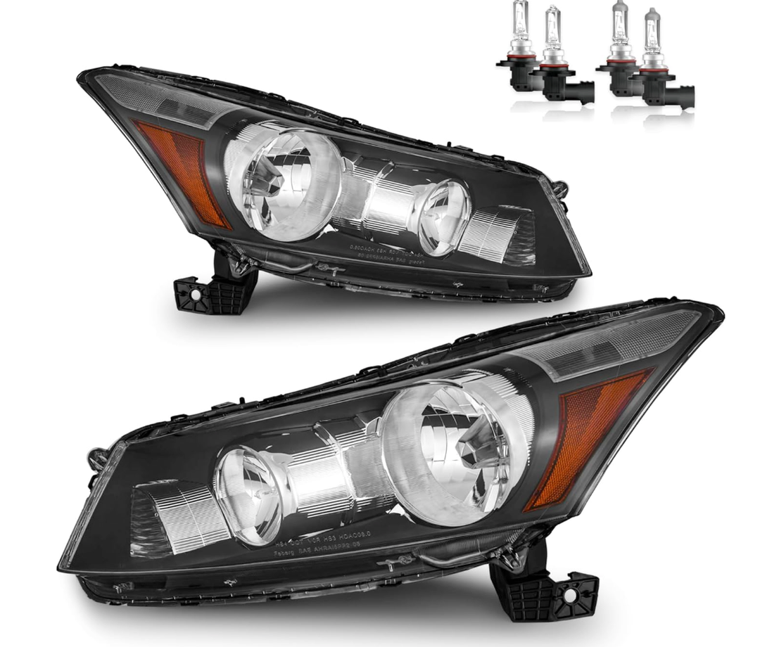 Headlight Assembly Compatible with Honda Accord Sedan 2008-2012 Black Housing Clear Corner Left Right Headlamp Set 33150TA0A01 33100TA0A01 HO2502130 HO2503130 Factory Style