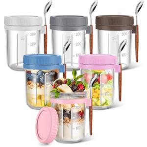 6 Pack Overnight Oats Containers with Lids and Spoons, 16 oz Glass Mason Jars with Airtight Lids, Meal Prep Containers, Overnight Oats Jars for Milk, Cereal, Fruit