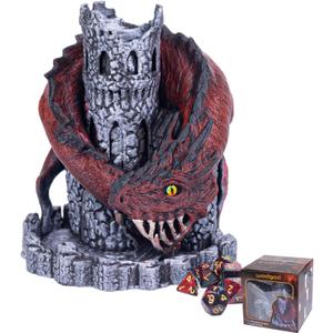 Red Dragon Castle Dice Towerwith 7Pcs Polyhedral Dice,for Tabletop Games, D&D and RPG Games,Dungeons and Dragons,DND Dice Tower,Perfect Table Decoration & Party Surprise Gifts