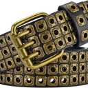 3 Row Studded Belts Punk Hip Hop Personalized Faux Leather Belts For Jeans Pants (Gold)