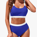 Womens High Waisted Bikini Sets Sporty Crop Top Color Block Swimwear Bandeau Scoop Neck Vintage Two Piece Bathing Suits, Small