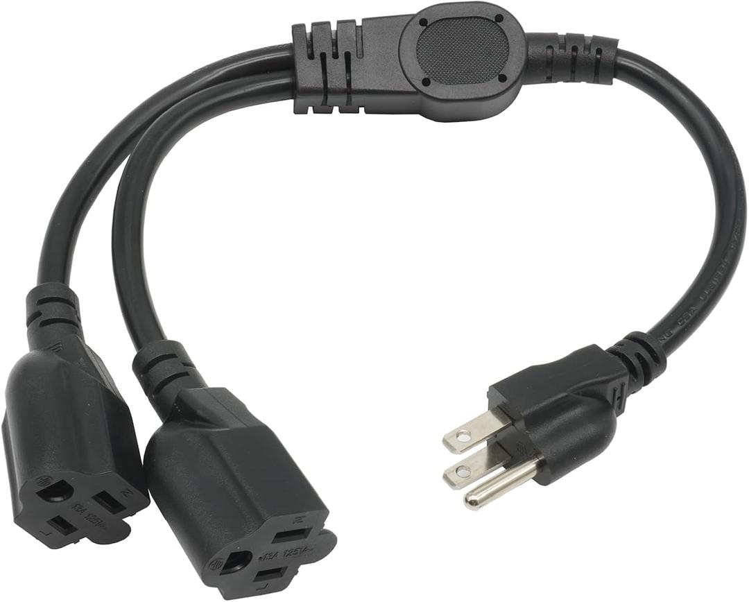 1.5 FT Extension Cord Splitter 1 to 2, 3 Prong Indoor Power Outlet Splitter, 16AWG Cable Wire Extender Space Saver for Halloween Lights, Christmas Decorations, Computer, Scanner, Black
