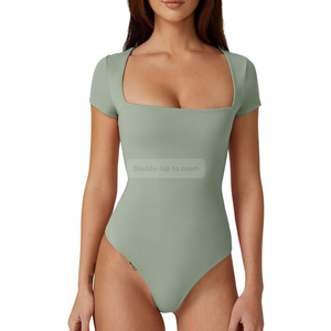 QINSEN Women's Square Neck Short Sleeve Bodysuit Sexy Body Suit Tops Double Lined Shirts, S