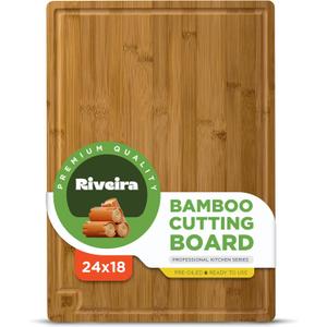 Riveira Brown Bamboo Wood Cutting Board  Gourmet Bamboo Grandeur: 24 x 18 Wooden Cutting Board  Wooden Cutting Boards For Kitchen Decorative  Innovative Juice Grooves Wooden Chopping Board