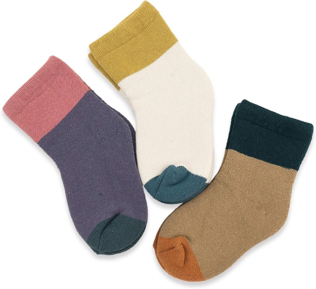 3 Pairs Ultra Thick Warm Toddler Socks Baby Boy and Girl winter Socks Infant Socks Kid Sock Warm Cotton Crew Socks (Color Block)
