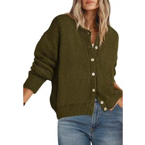 Long Sleeve Crewneck Button Down Womens Sweaters Spring Open Front Chunky Cardigan Sweaters for Women 2026, Army Green, L