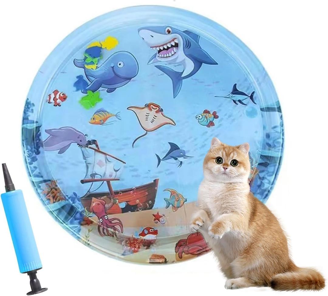 Cat Water Mat for Indoor Cats, 2026 Upgraded 0.6mm Thicken Scratch-Resistant Interactive Sensory Play Mat with Floating Fish Toys, Summer Cooling Pad for Kittens with Free Air Pump