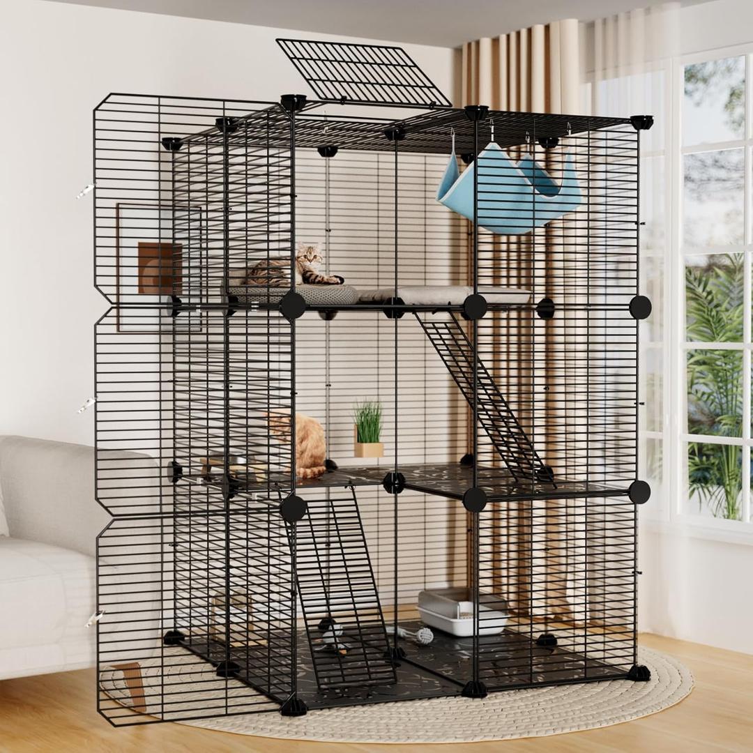 STILLCOVE Large Cat Cage Indoor: Enclosed Cat Enclosure DIY Pet Playpen Detachable Metal Wire Kennel Sturdy Crate with Hammock for Cats Kitten