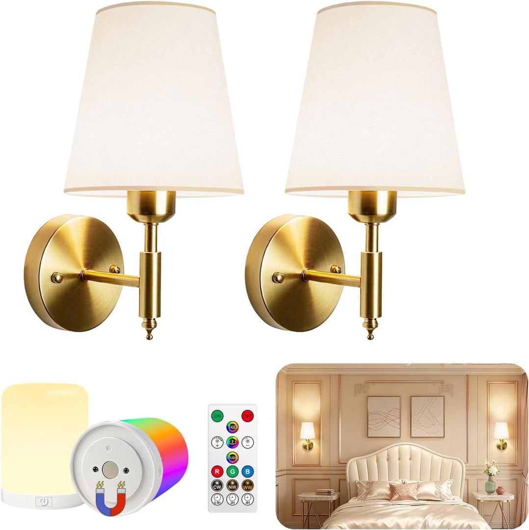 Adetu Battery Operated Wall Sconces Set of Two, Gold Rechargeable Wall Lights with 10000mAh RGB Rechargeable Magnetic Bulb, Battery Wall Sconce with Remote Control for Bedroom Decor, 11.8 Inch