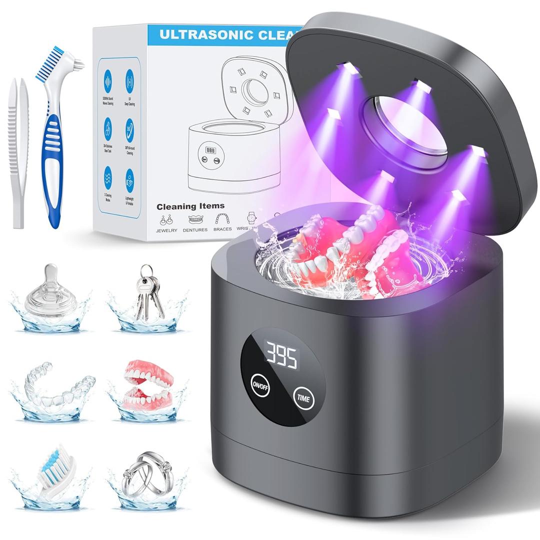 TEBAL Ultrasonic Retainer Cleaner Machine, 52kHz Ultrasonic Denture Cleaner for Night Guards, Braces, Toothbrush Heads, Jewelry and More, Ultrasonic Cleaner for Retainers with 250ML, Black-Grey