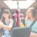 Bling Car Hanging Ornament, Double-Sided Cross Crystal Rhinestone Vehicle Rear View Mirror Charm, Cute Diamond Rearview Mirror Pendant, Universal Auto Interior Accessories (Pink)