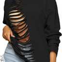 LovelyWholesale Women Off the Shoulder Sweatshirt Sexy Ripped Long Sleeve Shirts (Medium, Black)