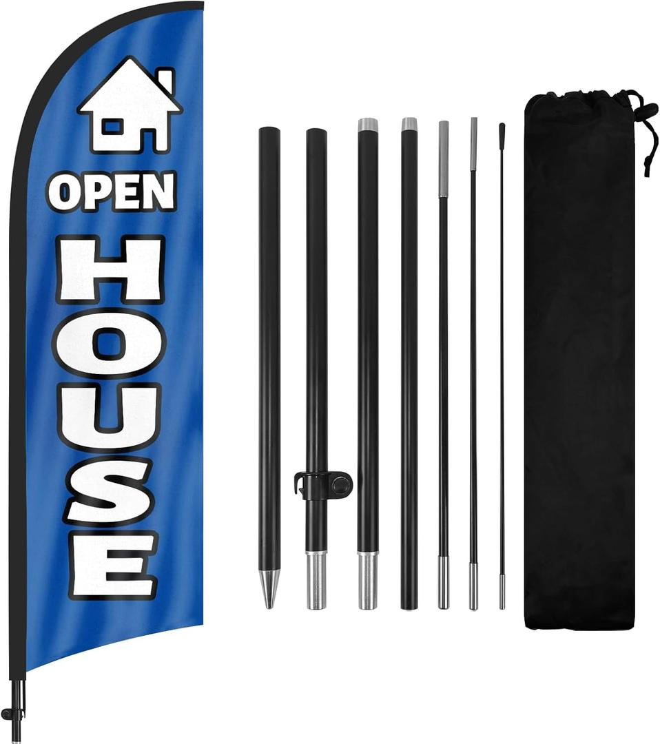 Open House Sign Kit with Flag and Stake, Real Estate Open House Signs, 8Ft Blue Banner